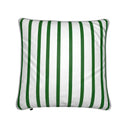 Green and white striped velvet shimmer cushion. back view.