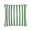 Green and white striped velvet shimmer cushion. front view.