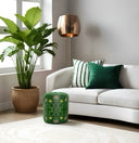 Green Forest ottoman. Styled with an Emerald green and white stripes cushion on white sofa. 
