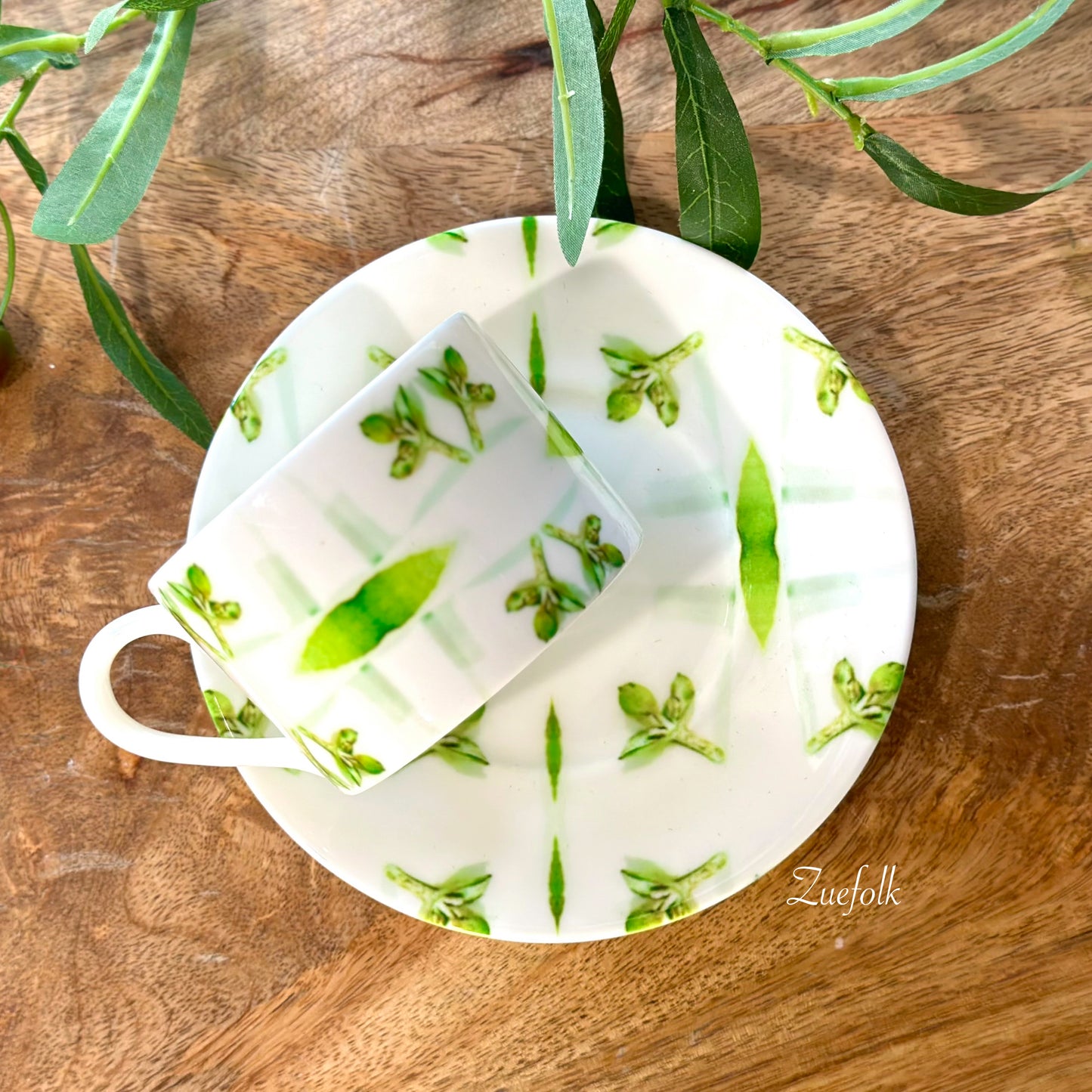 Gumleaf Green Coffee Cup and Saucer. Hand made Bone China. Suitable for both Coffee and tea. Cup Side view. 