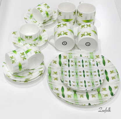 Gumleaf Green Mugs (set of 6). Green Bone China Coffee Mug Set. Coffe cup and saucers. Dinner plates 