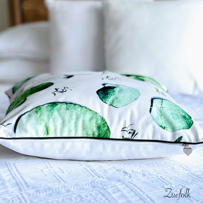 GumleafGum leaf Green Velvet Cushion and Cushion cover, vibrant, playful, yet luxurious. This cosy soft velvet piece will freshen and brighten up your furnishings. (side view)