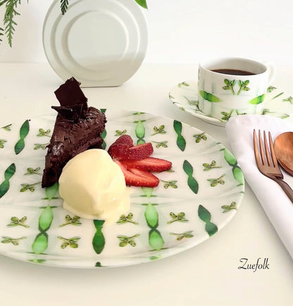 Gumleaf Green Dinner Plate. Coffee cup set. Hand- made on Bone China. 