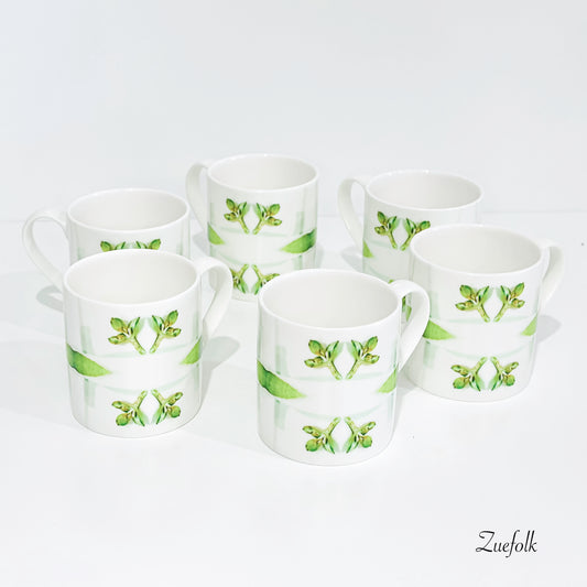 Gumleaf Green Mugs (set of 6). Green Bone China Coffee Mug Set. 