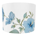 Hibiscus Blue lampshade features a classic white drum shape adorned with a delicate blue hibiscus pattern.Front.