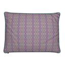 Lilac and green patterned cotton linen cushion front. with green piping.