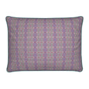 Lilac and green patterned cotton linen cushion back. with green piping.