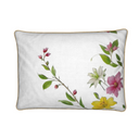 White cotton linen cushion adorned with pink, yellow and white Lilies. Front view.