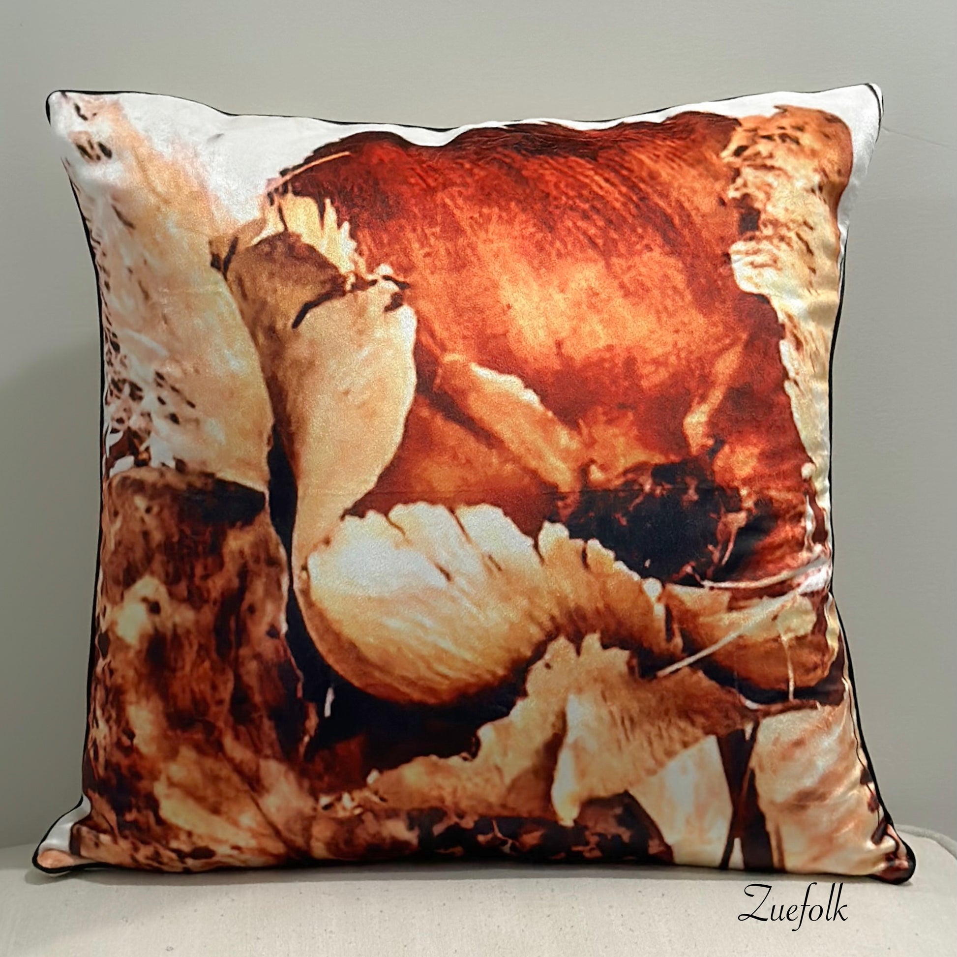 Maggie Palm Velvet Shimmer Cushion. This Copper Palm design sets the tone for this vibrant, beautiful cushion and cushion cover on a velvet shimmer fabric base. ( front view)