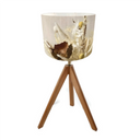 Maggie Protea Lampshade, earthy browns and soft beige tones, on a wooden lamp stand on a white background..