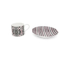 Savanna pink coffee cup/ teacup and saucer, a pink, black and grey patterned teacup and saucer sideview, handmade with bone China