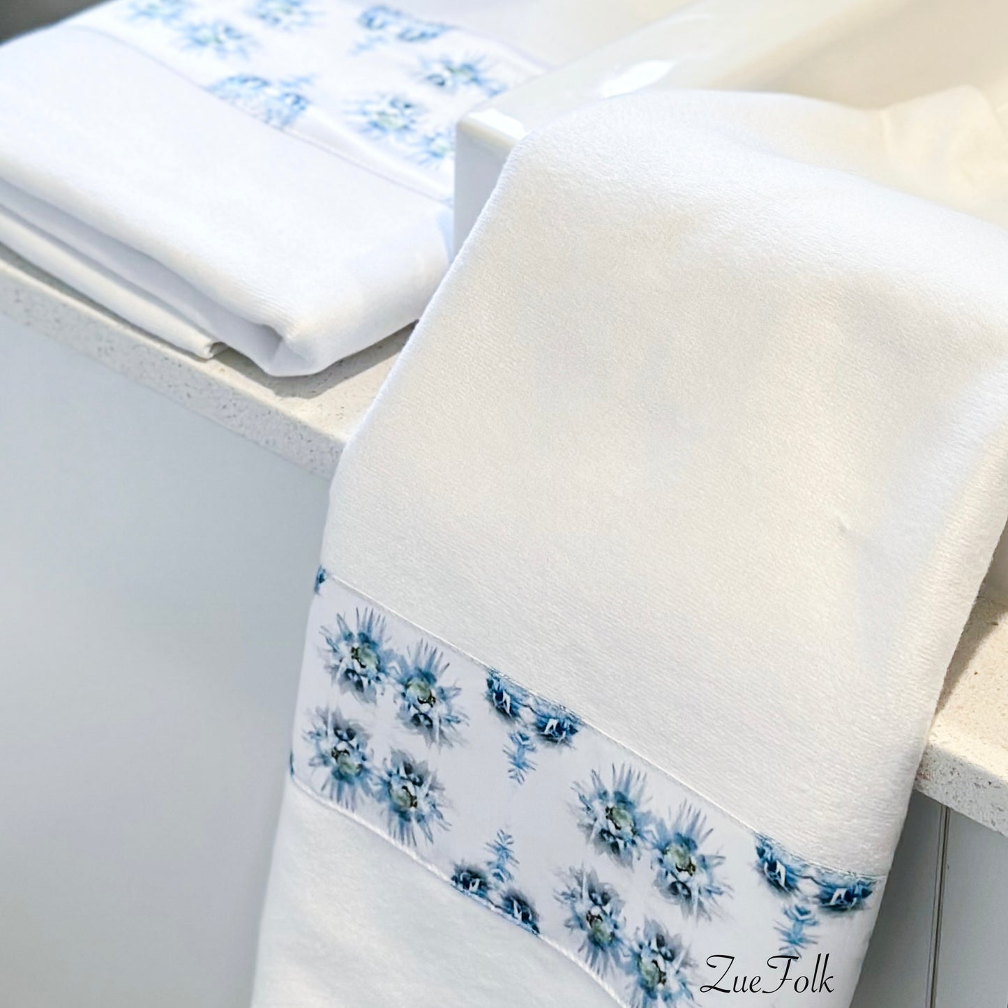 Blue and white satin strip towels. Soft , elegant, set of 4 