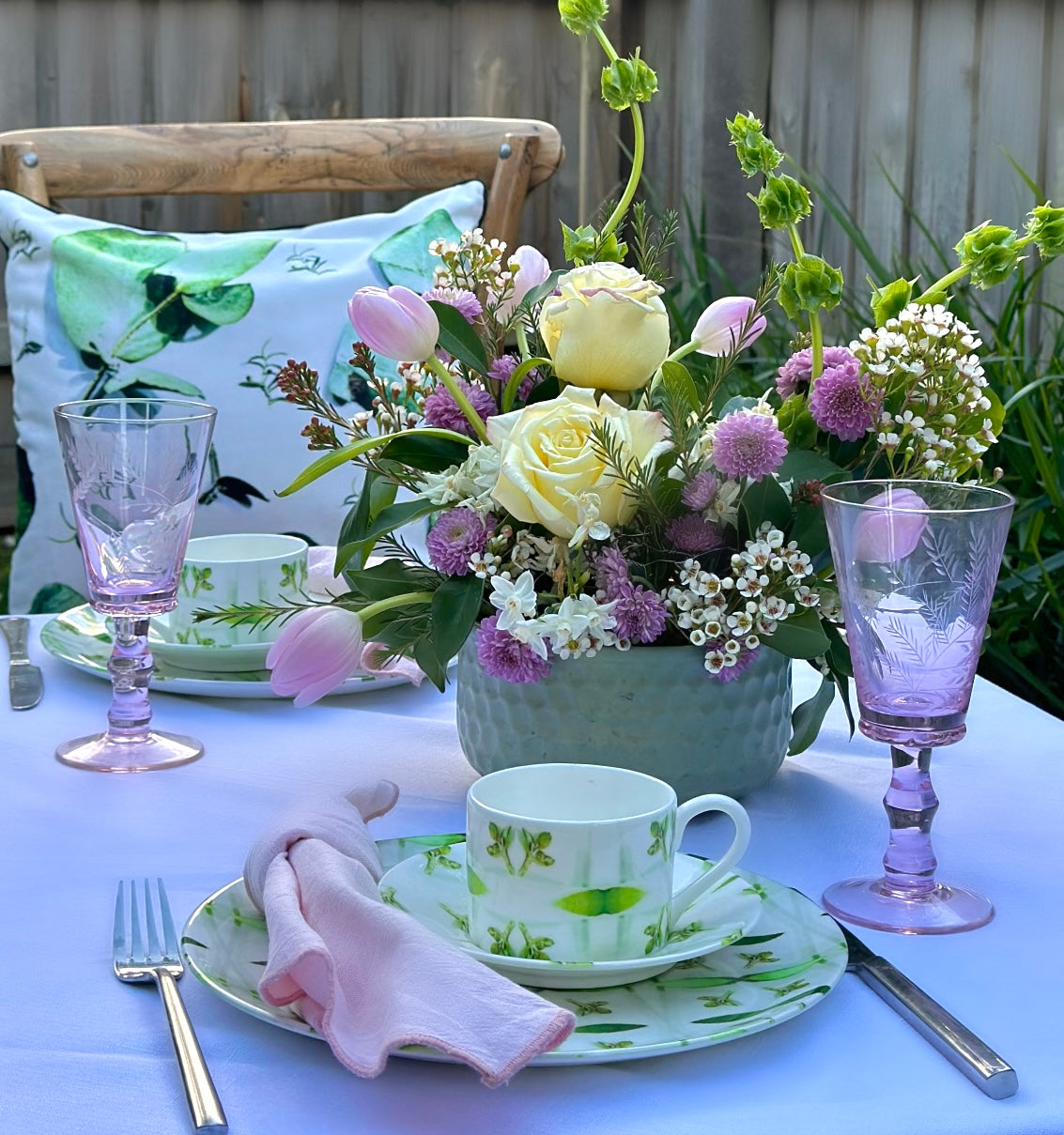  A beautiful , elegant Gum leaf Green table setting for two. Dinner plate and  Tea Cup and saucer . 