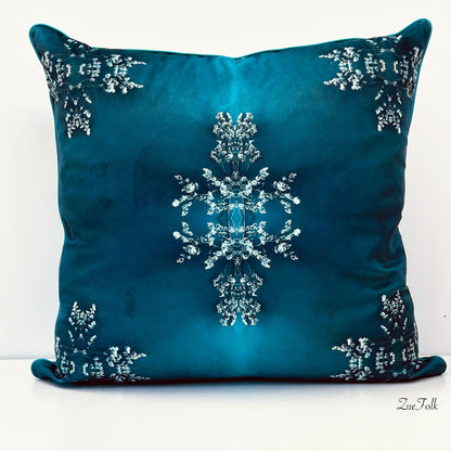 Teal Cushion and cushion cover. lux soft velvet. piped in green. A lovely statement piece for any home decor style. ( Front view )