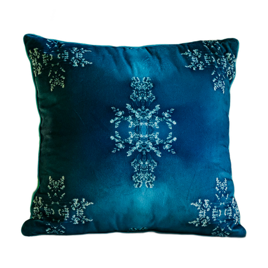 Teal Cushion and cushion cover. lux soft velvet. piped in green. A lovely statement piece for any home decor style. ( Front view )