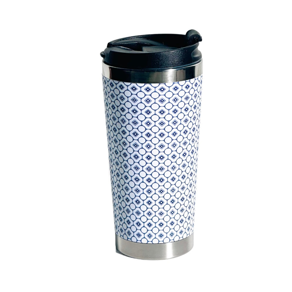 Thermal Flask for the coffee and tea lover. elegantly patterned white and blue design. Height 17.5cm Matt black lid. 