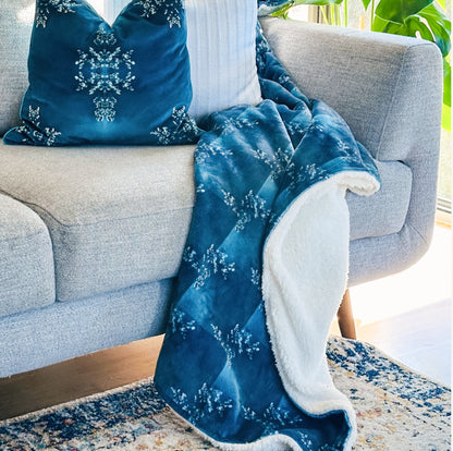 Teal Velvet Throw. Soft velvet front, Sherpa fleece backing. Soft armchair blanket styled on a grey sofa. 