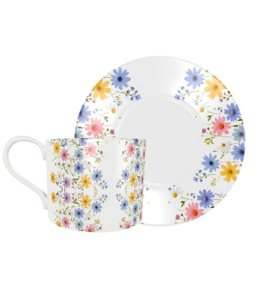 Wildflower Coffee / Tea Cup and Saucer. Beautiful vibrant colorful design. 