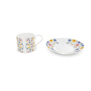 Wildflower bone China coffee cup and saucer side view.