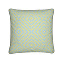 Yellow and blue diamond cushion front, pastel shades of yellow and blue pattern.