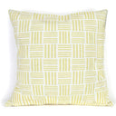Yellow and white striped patterned pillow on a white background. 