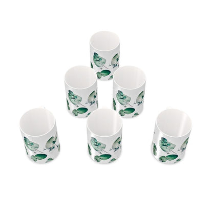 Eucalyptus Green Coffee Mug Set. Perfect for outdoor gatherings or elegant indoor settings, the vibrant gum leaf design  on a classic cup adds a touch of nature to any table. (set of 6)